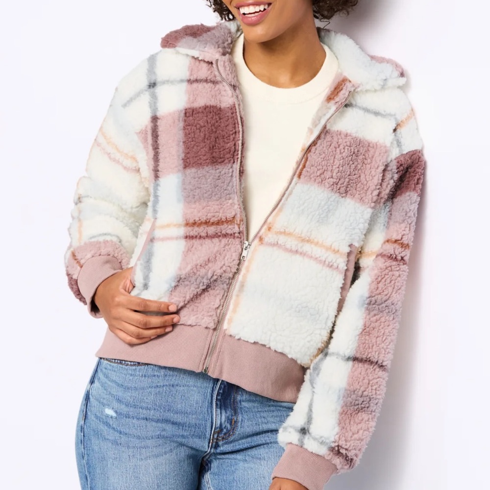 Thread & Supply Plaid Teddy Jacket - Cream, Pink, and Tan